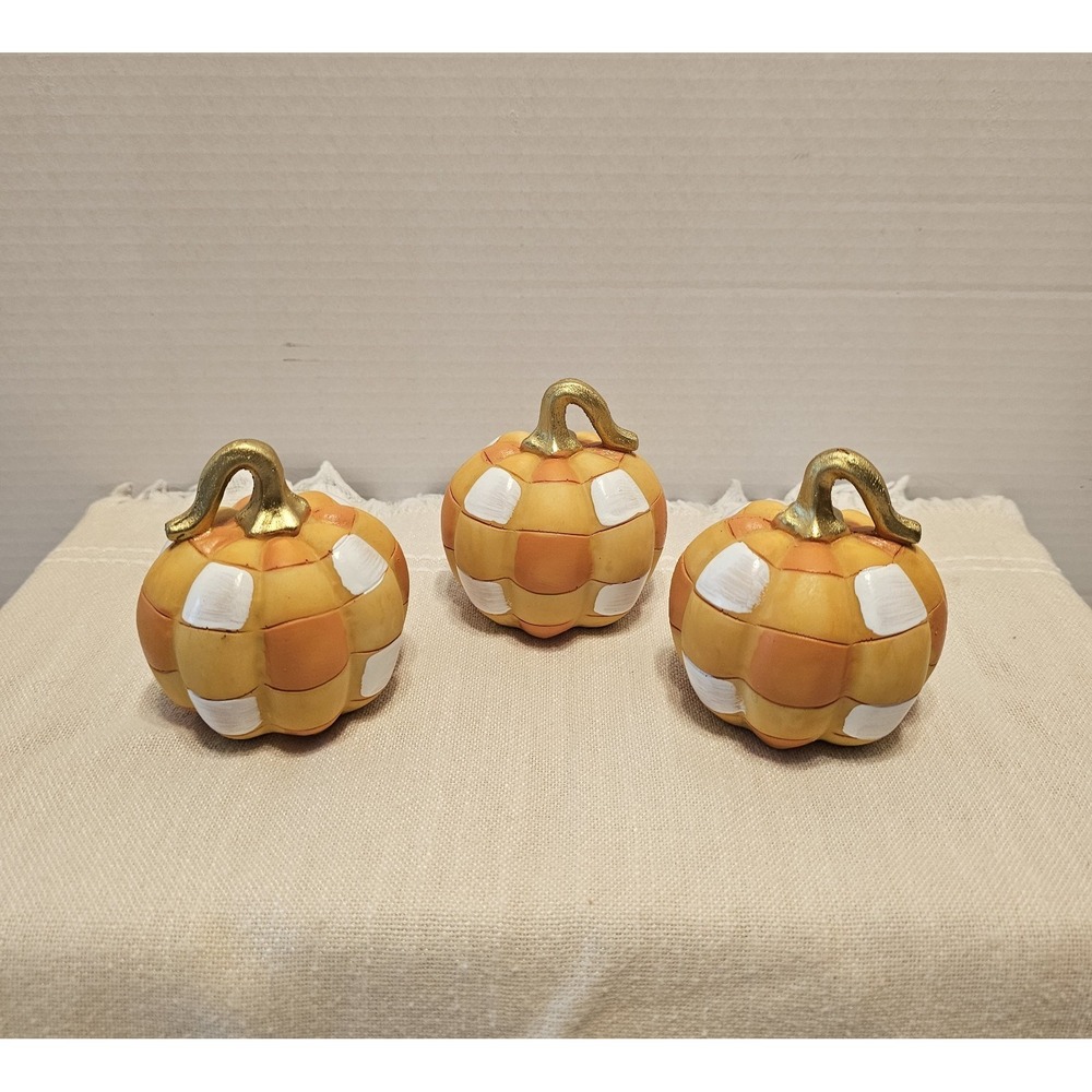 Harvest Checkerboard Resin Set Of 3 Cute Table Pumpkins 3"x3"